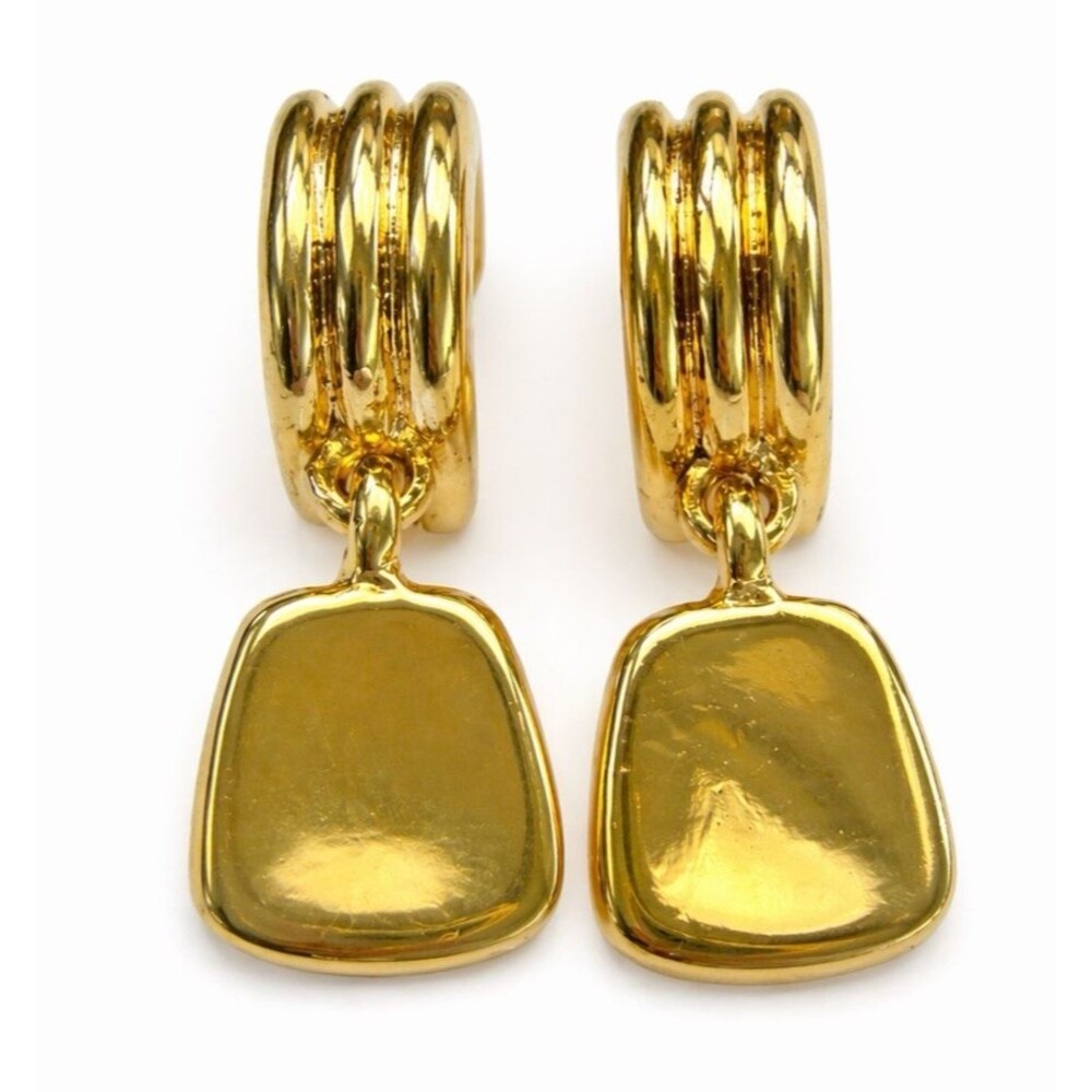 Vintage 1980s Gold Tone Door Knocker Earrings Ribbed Hoop Drop Statement Post
